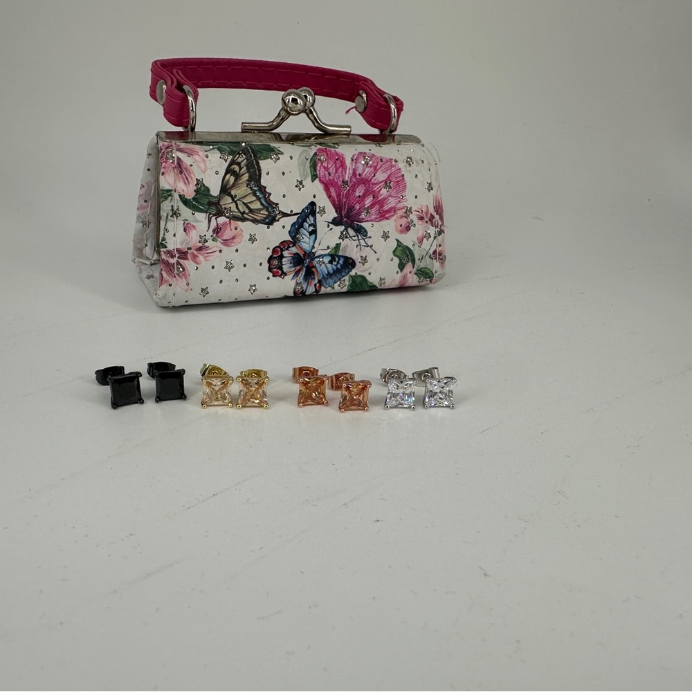 Four Pair Of Square Stone Pierced Earrings, Plus Tiny Bag